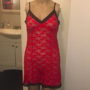 Women’s Sexy Red Black Lace Mesh Lingerie Cami night gown dress